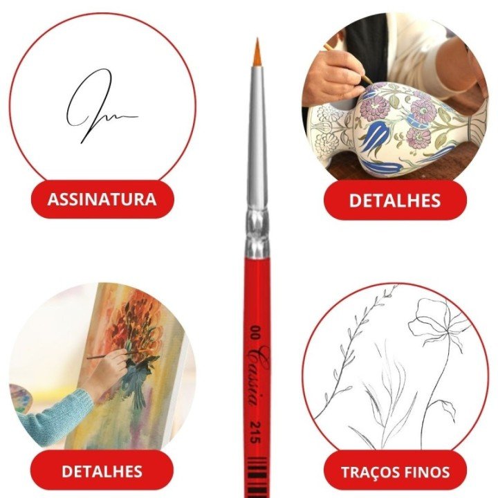Kit 6x Pincel Filete Artistico Assinatura Cabo Curto Ref. 215 - Pincéis Cassia
