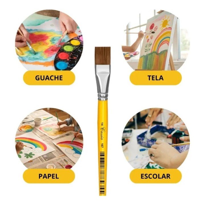 Kit 6 Pincéis Chatos Cassia N°14 Para Pintura Escolar Marrom
