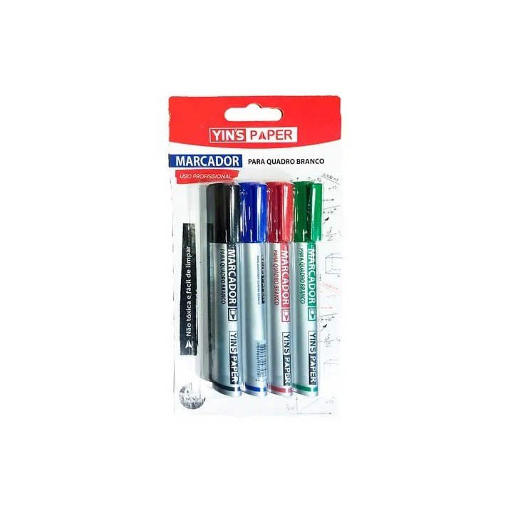 Marcador Quadro Branco Kit 4 Cores Ponta Fina Yins Paper