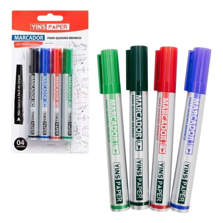 Marcador Quadro Branco Kit 4 Cores Ponta Fina Yins Paper