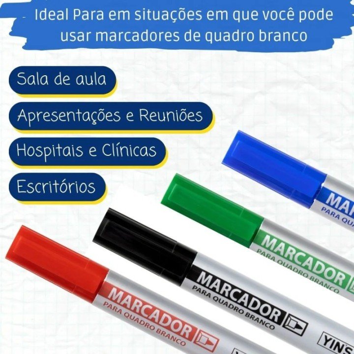 Marcador Quadro Branco Kit 4 Cores Ponta Fina Yins Paper